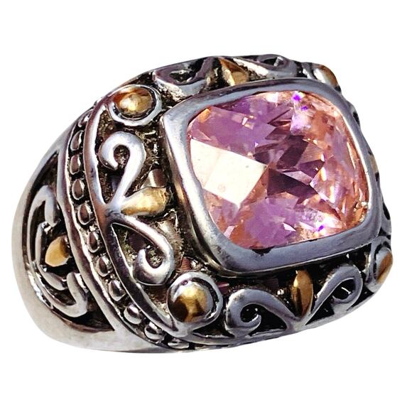 Baroque Revival Pink CZ Ring Size 5.5 Ornate Chunky Wide Band Cubic Zirconia - Picture 1 of 9